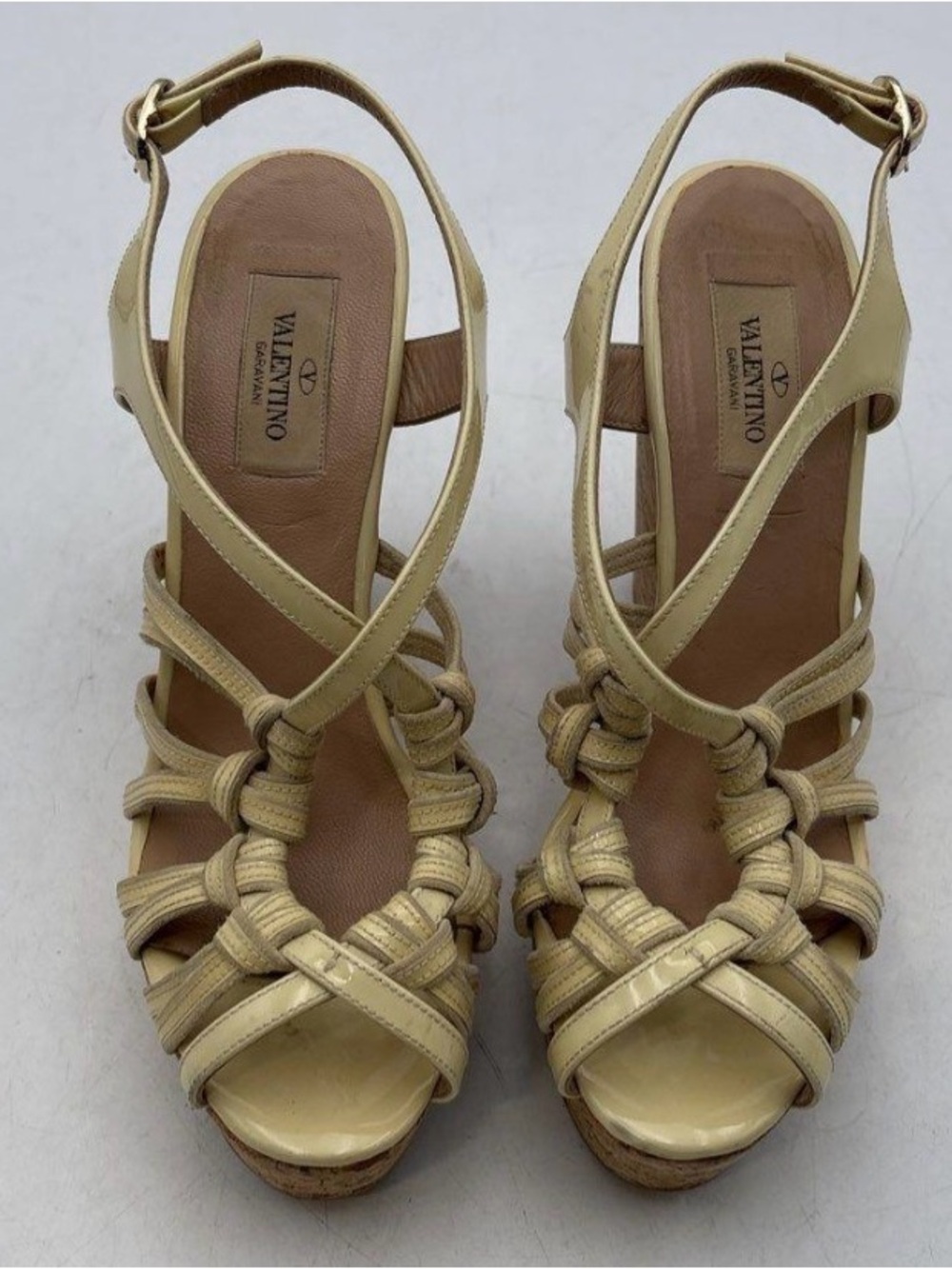 Valentino Garavani, Beige Patent Caged Cork Wedge Sandals Size 38.5 (8 US), w/ C